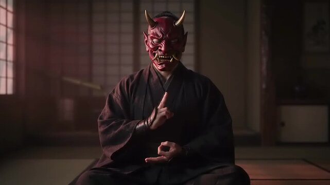 Person wearing a red oni mask meditating in a traditional Japanese room, calm atmosphere, spiritual practice, cultural representation