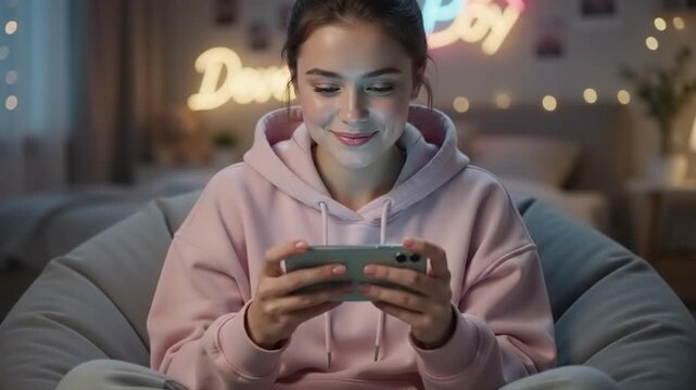 Young woman in a pink hoodie smiling while playing a game on her smartphone, sitting comfortably in a beanbag chair, neon lights in the background
