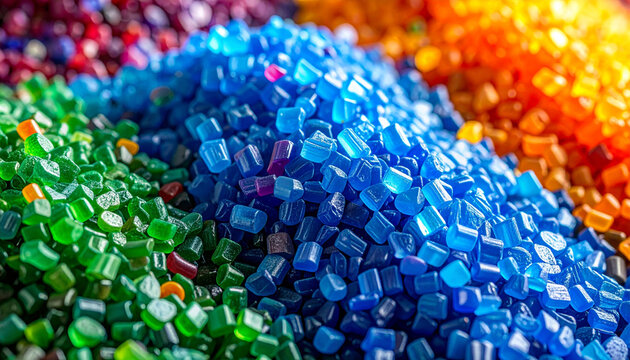 A vibrant macro close-up of colorful industrial plastic resin pellets, featuring deep blue, emerald green, and sunny orange granules, representing high-quality polymers for manufacturing processes.