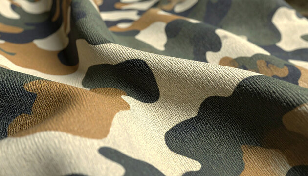 A detailed close-up shot of folded camouflage patterned fabric, showcasing the textured surface with olive green, tan, brown, and black organic shapes, creating a rugged military aesthetic design.