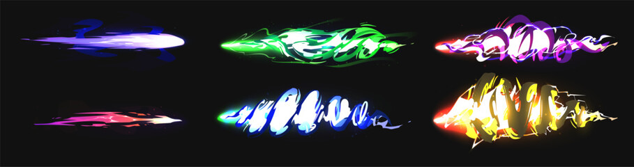 Vector special effects collection featuring  colorful energy blasts, magic missile arrows, and fast motion fire trails on black. © Vivid Pixel Studio.
