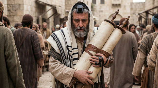 Jewish Rabbi walking down ancient street with Torah scrolls