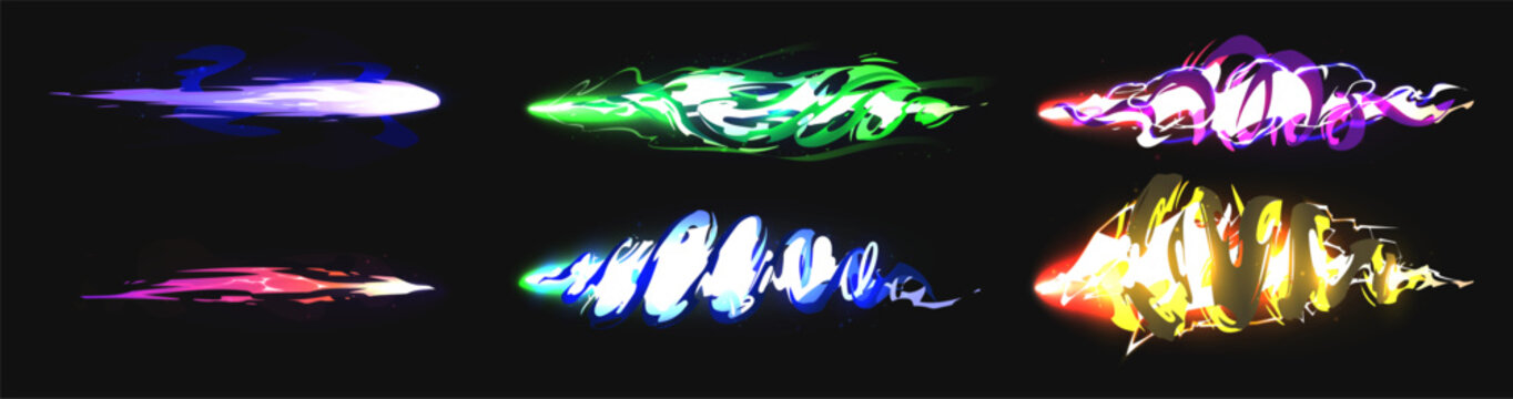 Vector special effects collection featuring  colorful energy blasts, magic missile arrows, and fast motion fire trails on black.