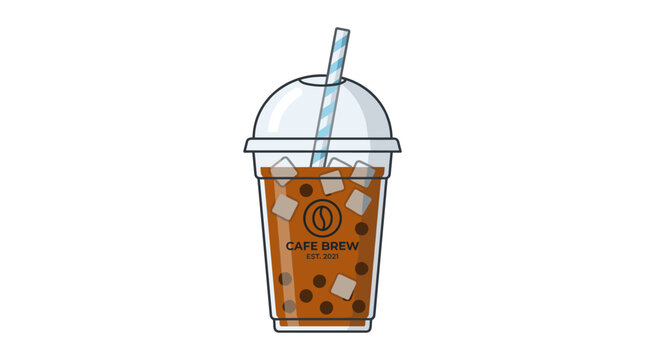 Iced Coffee Delight: A refreshing iced coffee beverage in a clear plastic cup, complete with ice cubes and a straw, is ready to be enjoyed.