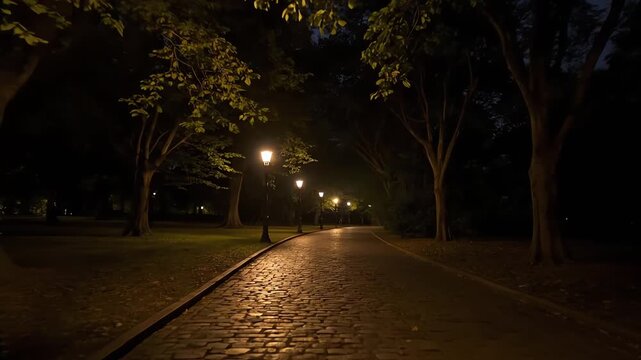 Dimly lit park path at night with glowing lamp posts and trees casting shadows