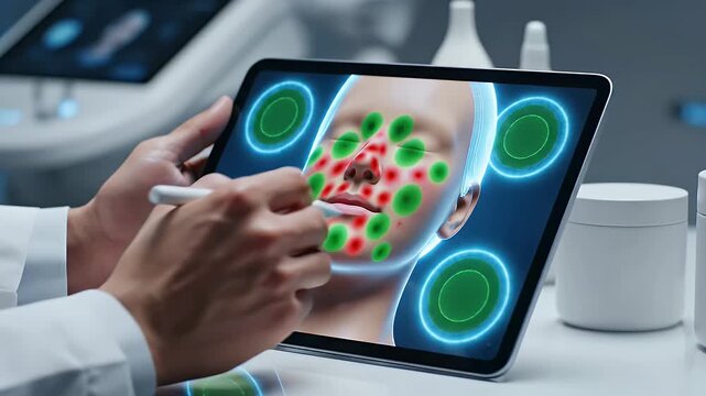 Dermatologist Analyzing Skin Condition On Tablet With Augmented Reality Visuals In Modern Clinic