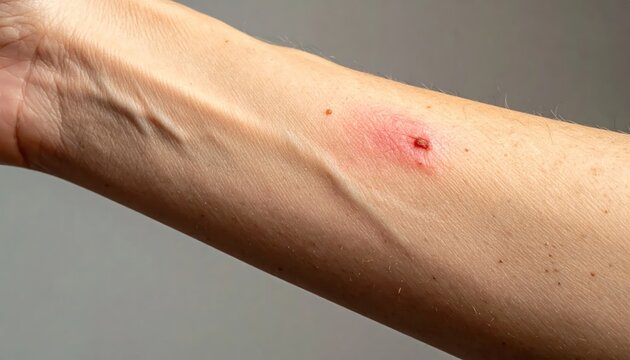 Close-up of a red, inflamed insect bite or wound on a human forearm, showing irritation and minor bleeding.