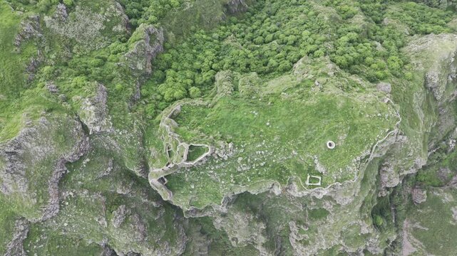 Cinematic Drone Footage of Seytan Castle Ruins on Cliff in Cildir Ardahan Province Turkey Eastern Anatolia Dramatic Landscape