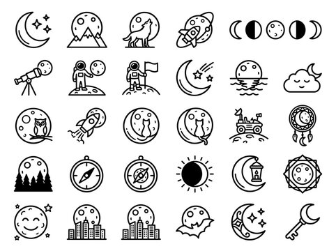 Moon Phases and Space Icons Set: Vector Graphics for Astronomy and Night Sky Themes