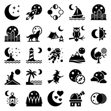 Moon Phases, Night Sky Icons, Celestial Objects, Space and Dream Icons