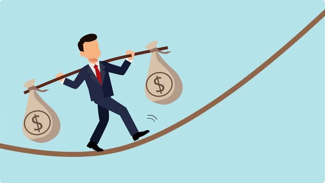 video motion illustration shows a man walking on a tightrope with two bags of money on either side.