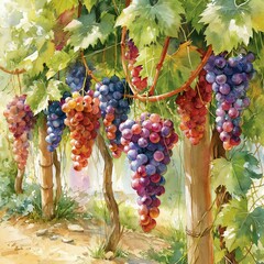 Obraz premium Ripe grapes hanging in a watercolor vineyard. Ripe grapes hanging from lush green vines in a vibrant watercolor illustration