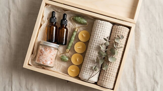 Natural beauty spa gift set with essential oil bottles and jade roller in a wooden box