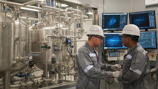 Medium shot of operators monitoring a continuous polymerization reactor system showcasing automated flow controls and realtime data monitoring in an industrial setting.