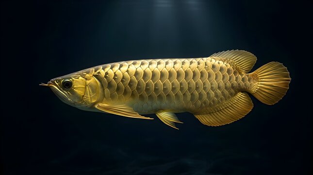 Golden Arowana fish floating in dark water