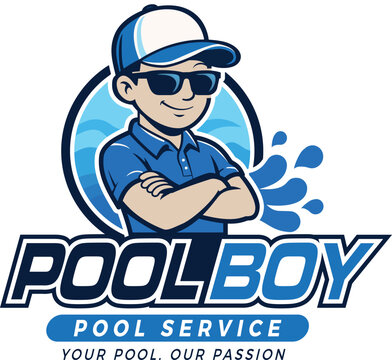 Pool Service Logo &ndash; Sympathisches Firmenzeichen mit Pool Boy Maskottchen f&uuml;r Schwimmbad Reinigung und Wartung