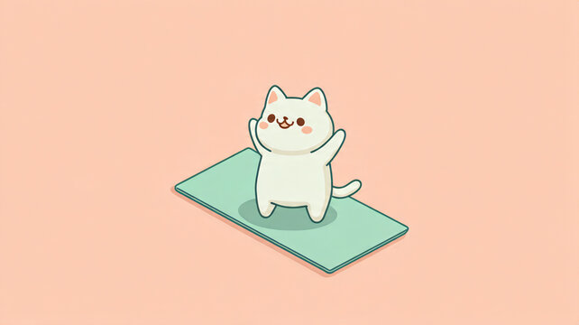 Minimalist cartoon illustration of cute white cat doing yoga on mint green mat against soft peach background.