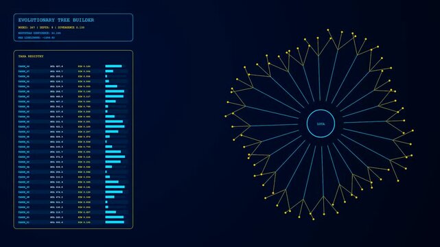Digital bioinformatics interfaces display complex evolutionary growth patterns rendered on a dark screen with glowing nodes and lines forming a detailed circular genetic tree structure
