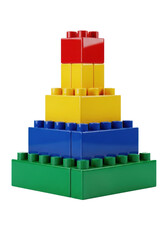 Obraz premium photorealistic close-up of a tiered pyramid structure built from glossy, primary-colored plastic bricks, isolated on a transparent studio background with subtle reflections. Concept of childhood