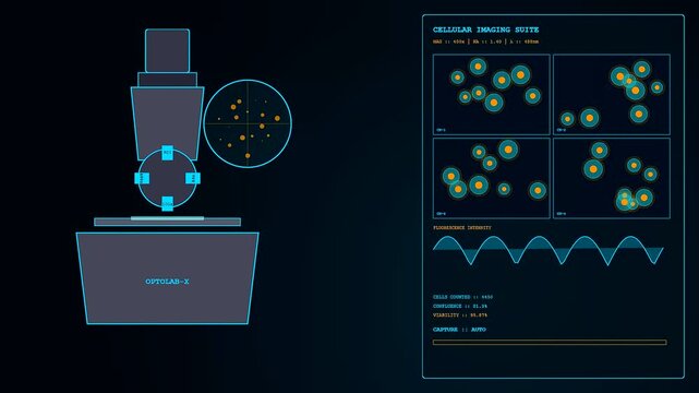 Bioinformatics interfaces showing a digital microscope analyzing cell cultures with changing wave patterns and metrics across three shifting monitors in a dark research facility setting