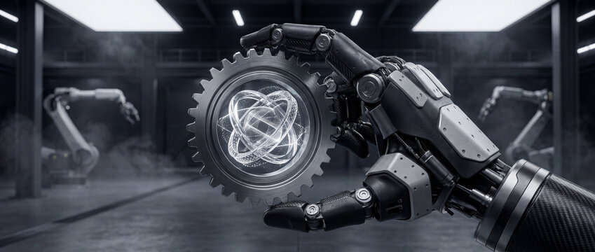 Robotic hand presenting a metal gear wheel with an orbital energy hologram in a futuristic factory, illustrating mechanical engineering innovation and smart design