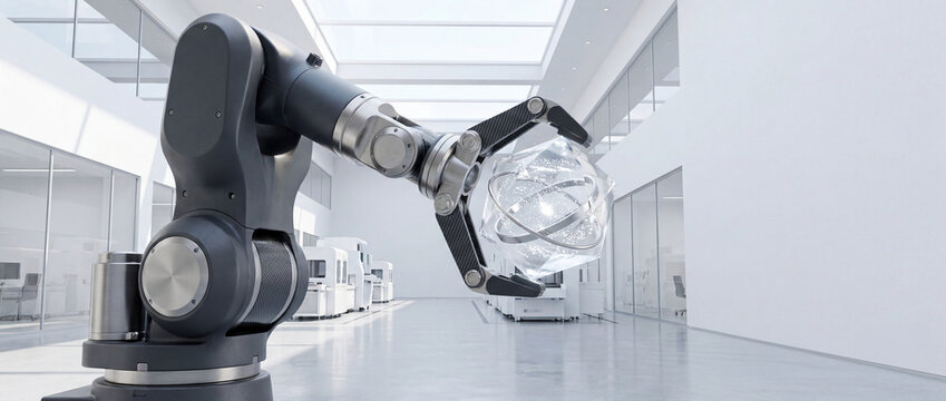 Advanced robotic manipulator holding a crystal cube with a glowing energy core inside a modern, sterile high-tech laboratory or production facility