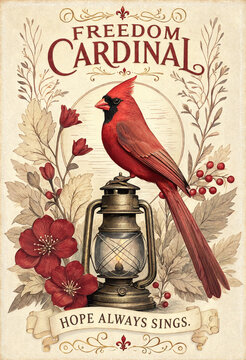 Red Cardinal Bird Perched on Antique Lantern with Floral Winter Decor and Hope Typography