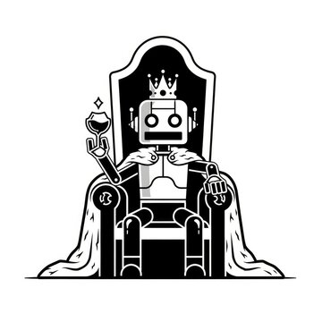 Robot king sitting on throne with crown.
