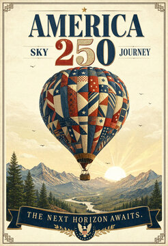 Hot Air Balloon Flight Over Mountain Landscape at Sunrise Vintage Poster Style