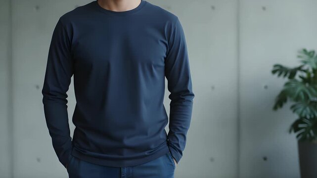 A man wearing a blank long sleeve dark blue t shirt stands casually with his hands tucked into his pockets against a clean minimalist concrete grey office wall