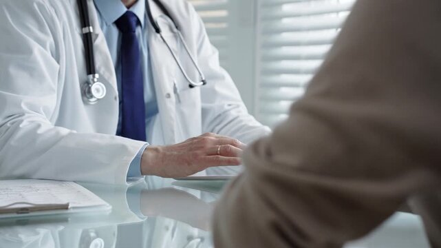 Doctor consulting patient about health, providing medical advice and discussing treatment options during a professional healthcare appointment in an office