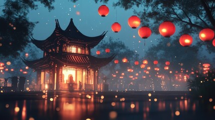 Fototapeta premium Traditional Chinese Building Illuminated with Red Lanterns at Night. Celebration, Culture, Tradition Concept