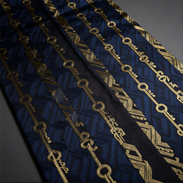 Elegant Dark Blue Silk Fabric Top View, Golden Vintage Key Ornament and Geometric Embroidery Texture, Luxury Oriental Pattern Background for Premium Product Packaging