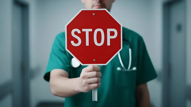 A medical professional in green scrubs holds up a red stop sign to caution against health risks while working in a modern clinical hospital hallway setting today.