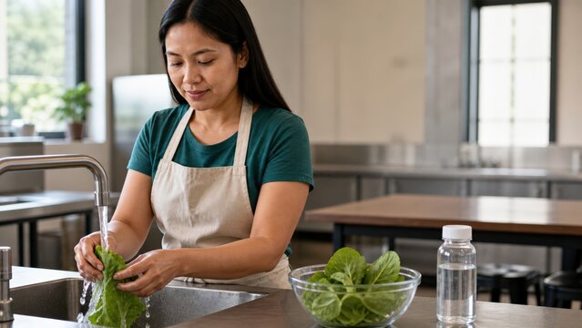 Forever Chemicals Adult Filipino Female Rinsing Leafy Greens Water