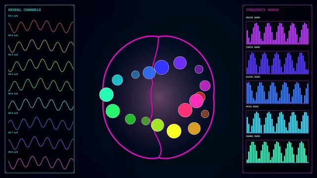 Complex bioinformatics interfaces displayed on dark digital screens showing pulsating rhythmic neural waves and holographic brain maps with vibrant colorful circular nodes for data analysis processing