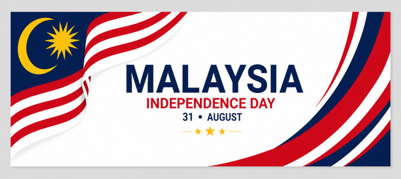 Malaysia Independence Day Banner with Waving Flag and Red White Blue Ribbon Design