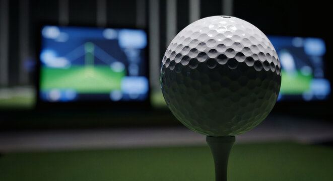 Golf ball on a tee with a blurred virtual simulator background showing a digital landscape in a modern indoor facility