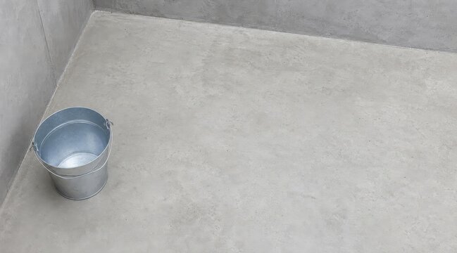Galvanized metal bucket on concrete basement floor