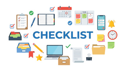 Fototapeta premium Business planning checklist concept featuring productivity icons like calendar notebook laptop and folders for professional organization and time management
