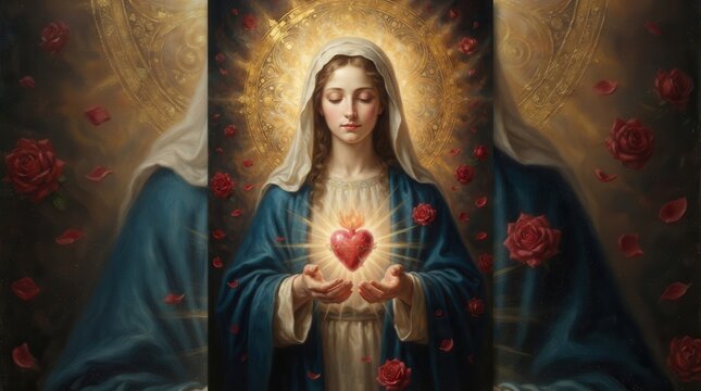 Vintage style portrait of the Virgin Mary holding a glowing red heart.