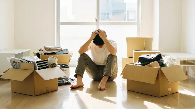 引越し作業中に段ボールや荷物に囲まれて頭を抱えて悩む若い男性
