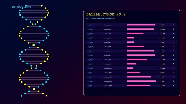 Display of synthetic data showing a rotating double helix structure alongside dynamic bar charts that cycle through various digital values and changing numeric metrics