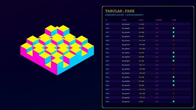 A sequence showing synthetic data represented by geometric voxel cubes moving alongside scrolling digital ledger screens with luminous cyan and magenta neon light source effects