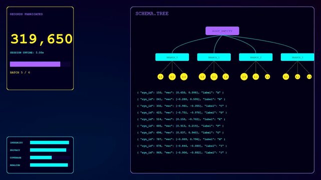 A screen displaying synthetic data flows through digital tree structures while metrics climb rapidly in this dark interface showing complex algorithmic processes for computing systems