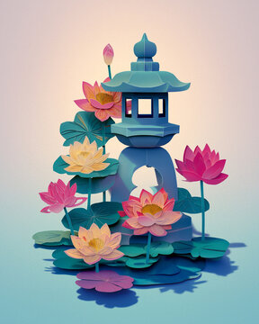 蓮の花と灯籠 切り絵イラスト