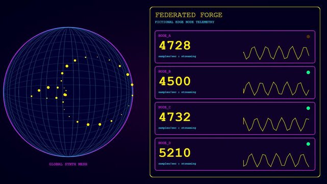 Digital synthetic data streams flow through rotating holographic globes and glowing monitor displays featuring shifting numeric values and pulsing light patterns in a dark computer interface
