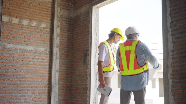 Construction engineer and site foreman supervisor discussing blueprint and interior building structure for residential housing project during construction management and real estate development