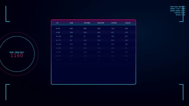 the synthetic data streams flow across a dark glowing interface displaying shifting numerical tables in a futuristic digital environment showing fast changing rows and dynamic columns