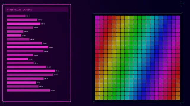 Synthetic data visualization displaying glowing magenta bar charts next to vibrant square pixel grid patterns shifting colors within a complex dark digital interface monitor setup screen